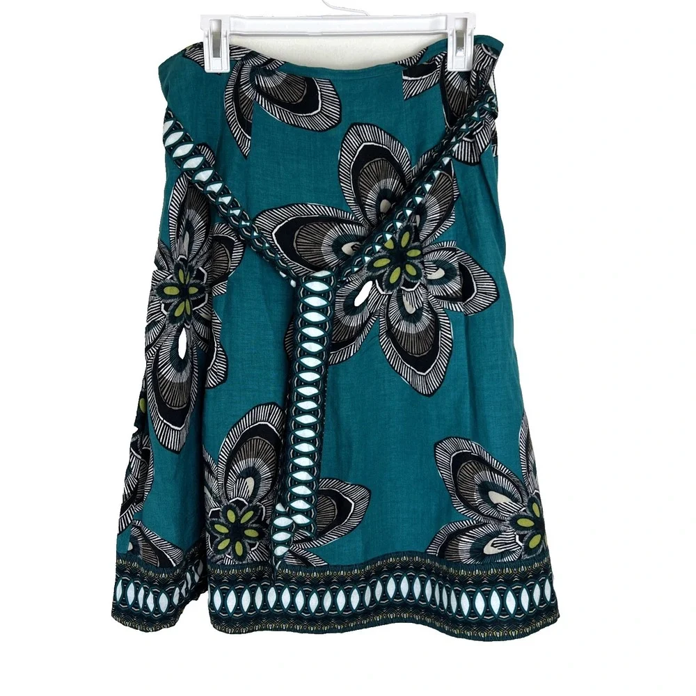 East 5th A-Line Skirt Sz 10 Boho Linen Blend Teal Floral Belt Pleated‎ Tie Belt